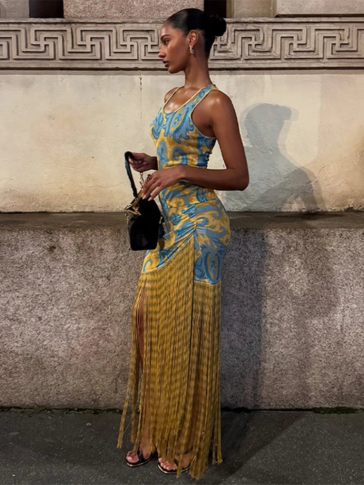Fashion Tassels Print Long Dress For Women O-neck Sleeveless Patchwork Irregular Slip Vestidos 2025 Summer Female Beach Dresses
