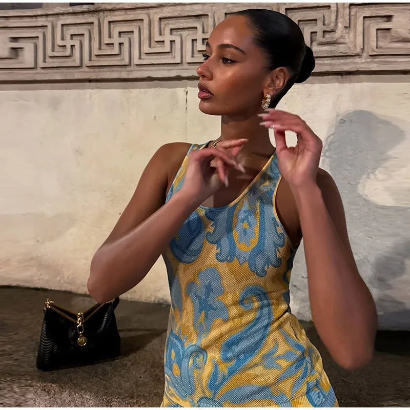 Fashion Tassels Print Long Dress For Women O-neck Sleeveless Patchwork Irregular Slip Vestidos 2025 Summer Female Beach Dresses