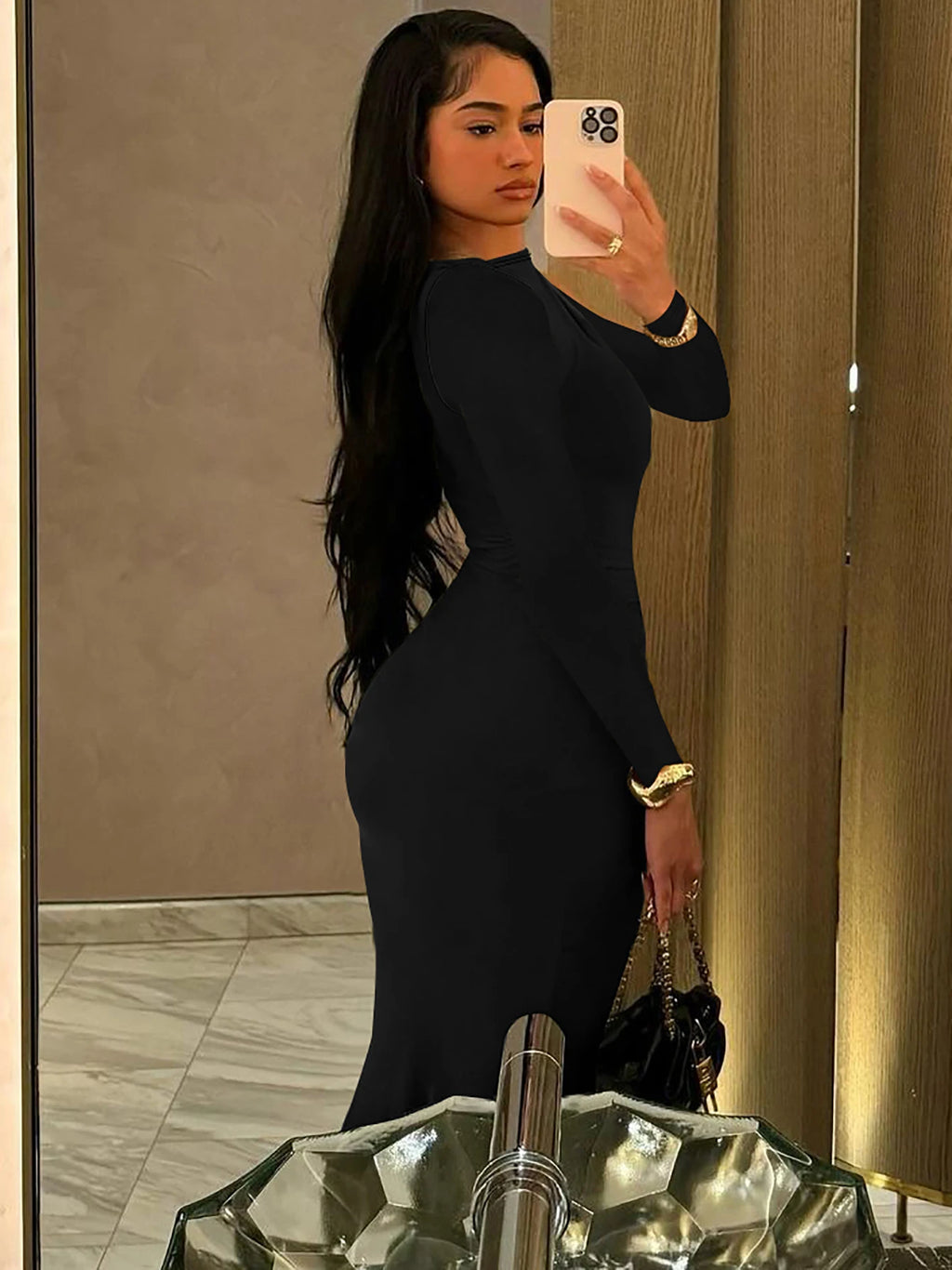 Dulzura Elegant Solid Long Sleeve Maxi Dress Bodycon Ruched Simple Women Clothes Cocktail Evening Party Dresses Y2K Wholesale