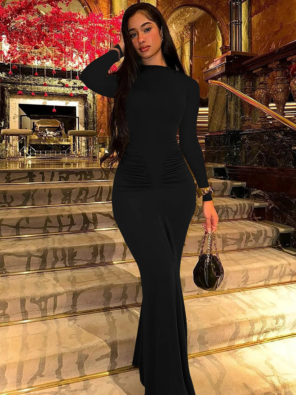 Dulzura Elegant Solid Long Sleeve Maxi Dress Bodycon Ruched Simple Women Clothes Cocktail Evening Party Dresses Y2K Wholesale