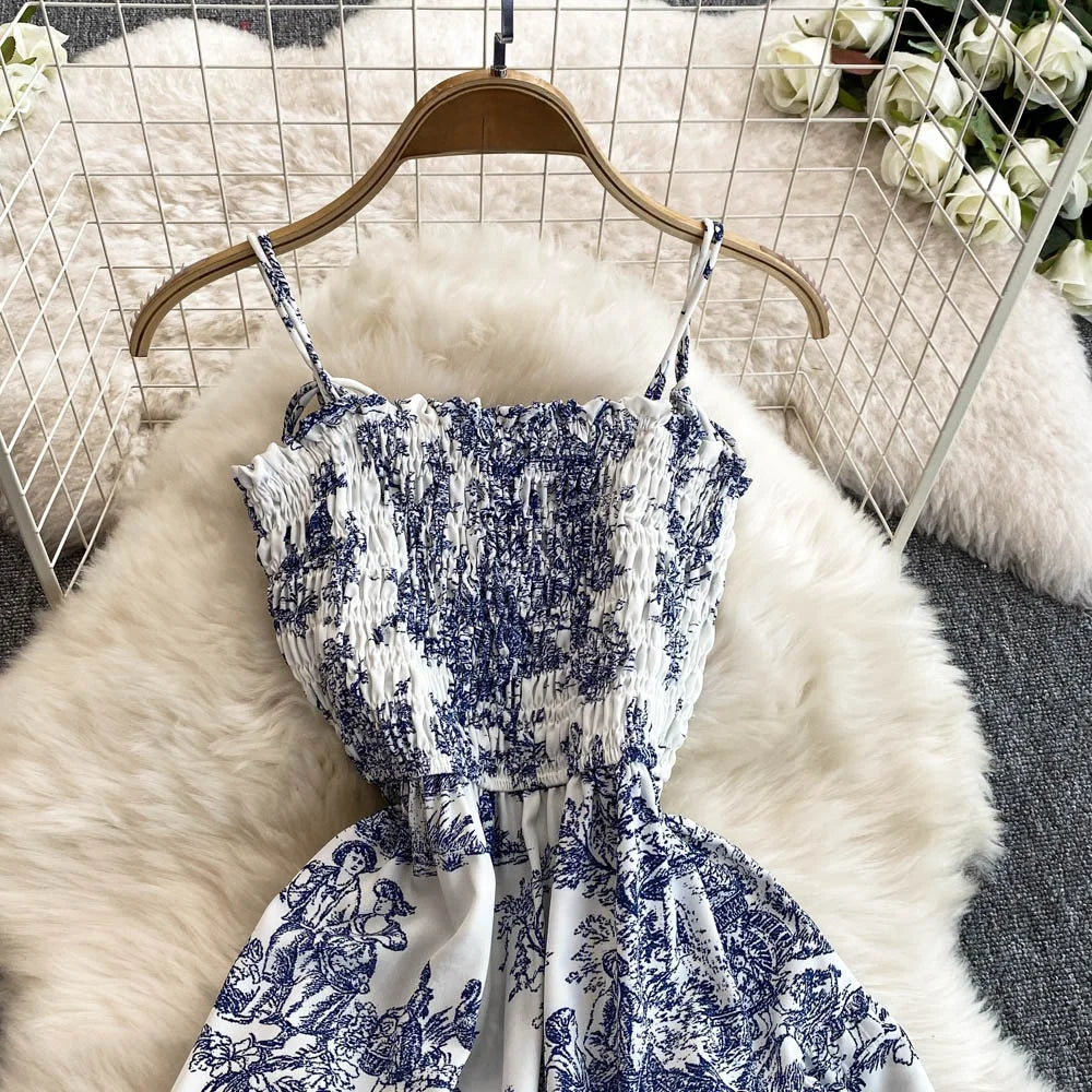 Retro Floral Print Off-oulder Chiffon Dr Women's Elastic Waist Slimming Beach Vaion Beachside Mid-Length Gown