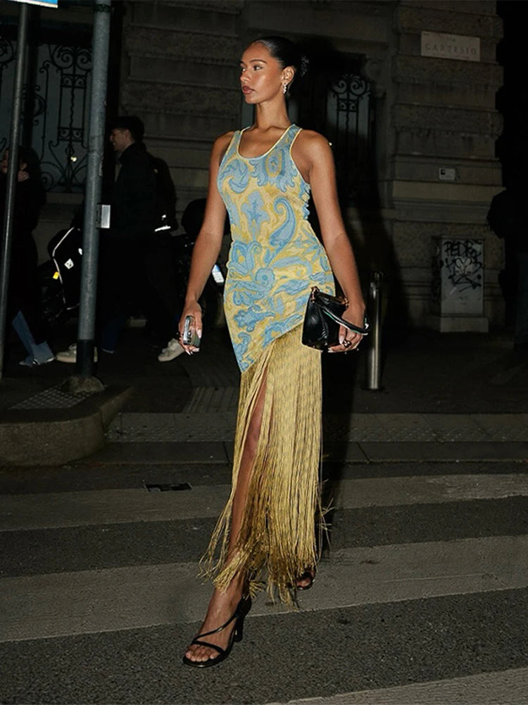 Fashion Tassels Print Long Dress For Women O-neck Sleeveless Patchwork Irregular Slip Vestidos 2025 Summer Female Beach Dresses