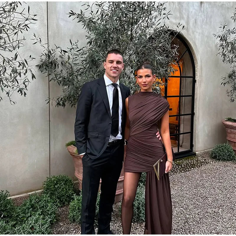 Elegant Slim Fit Pleat Irregular Long Dress Fashion Women Long Sleeve Turtleneck Patchwork Robes 2025 Chic Party Banquet Wear