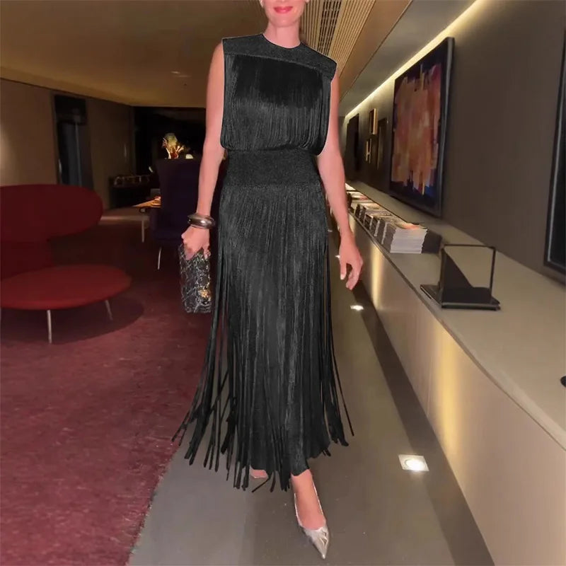 Sexy Sequin Tassel Evening Dresses Women Vintage Solid Sleeveless O-neck Slim High Waist Long Dress Lady 2025 Chic Party Vestido