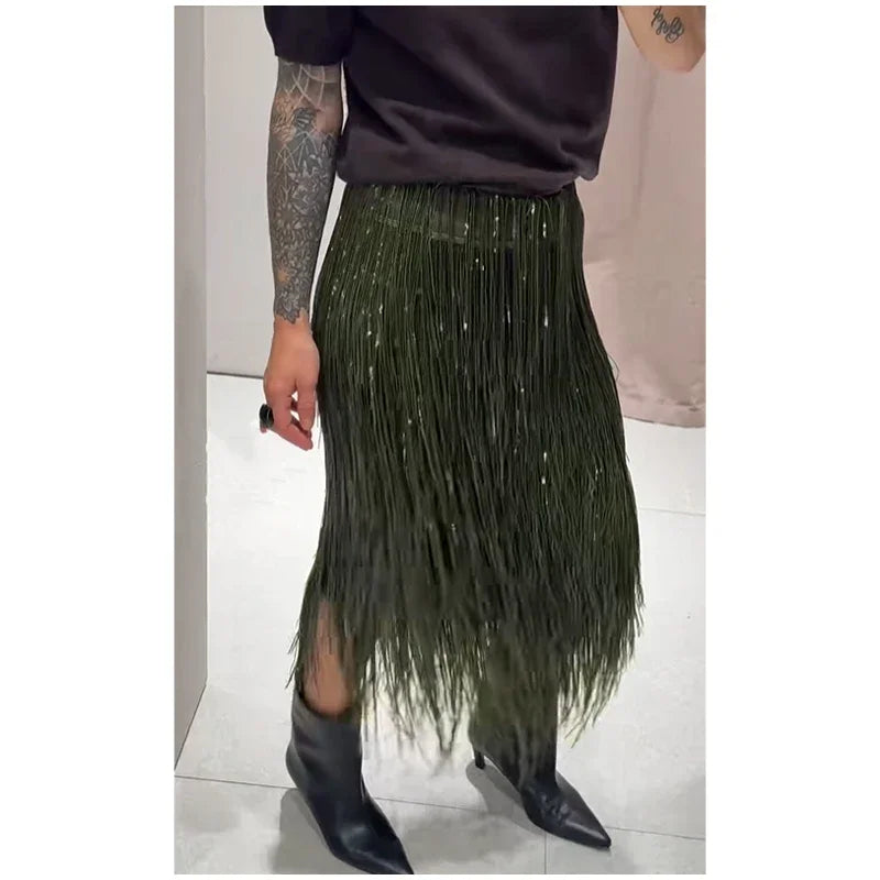 Green Tassel Sequin Long Skirt Women Fashion High Waist A-line Loose Shiny Skirts 2026 Spring Lady Chic Party Club Clothes Gown