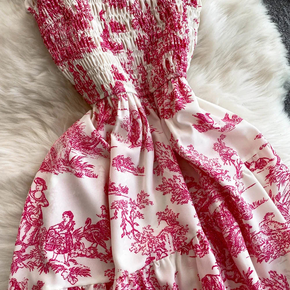 Retro Floral Print Off-oulder Chiffon Dr Women's Elastic Waist Slimming Beach Vaion Beachside Mid-Length Gown