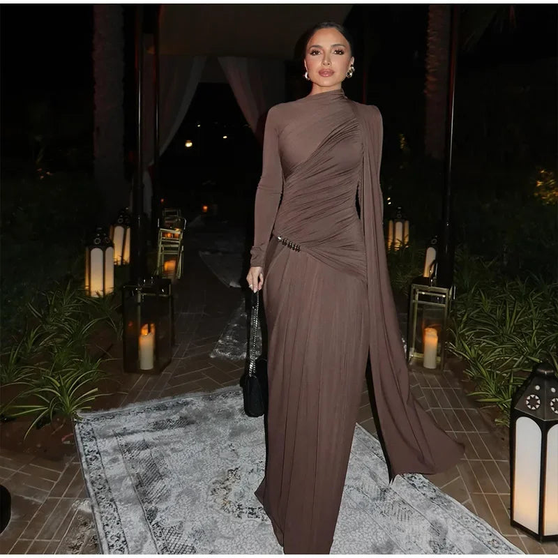 Elegant Slim Fit Pleat Irregular Long Dress Fashion Women Long Sleeve Turtleneck Patchwork Robes 2025 Chic Party Banquet Wear