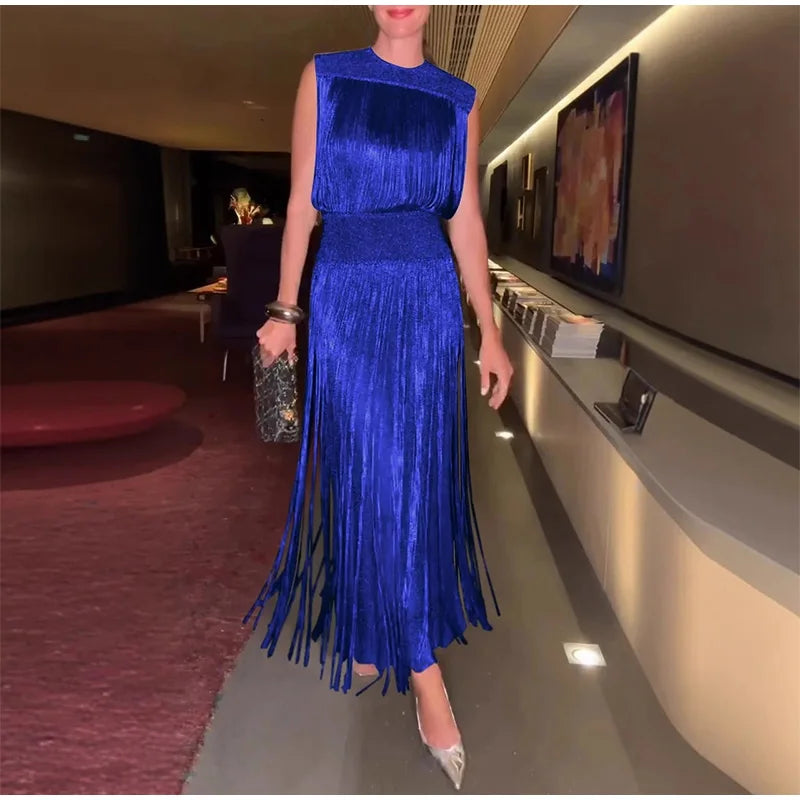 Sexy Sequin Tassel Evening Dresses Women Vintage Solid Sleeveless O-neck Slim High Waist Long Dress Lady 2025 Chic Party Vestido