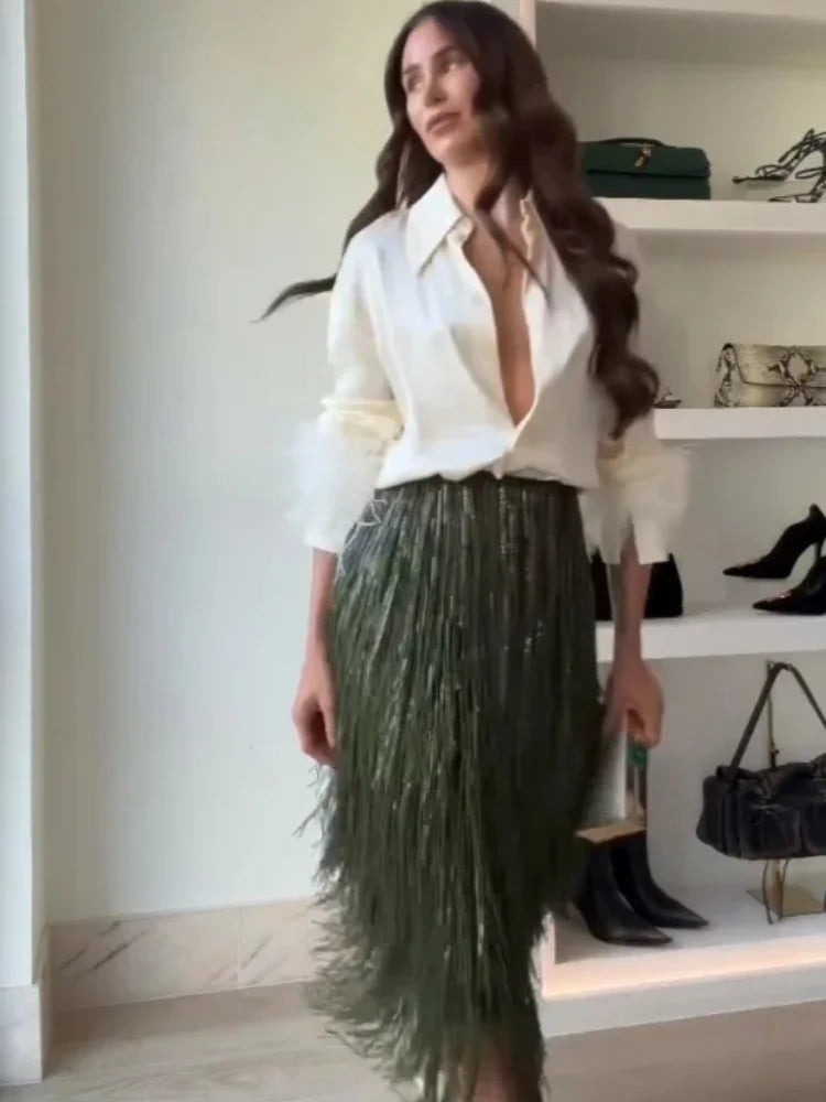 Green Tassel Sequin Long Skirt Women Fashion High Waist A-line Loose Shiny Skirts 2026 Spring Lady Chic Party Club Clothes Gown