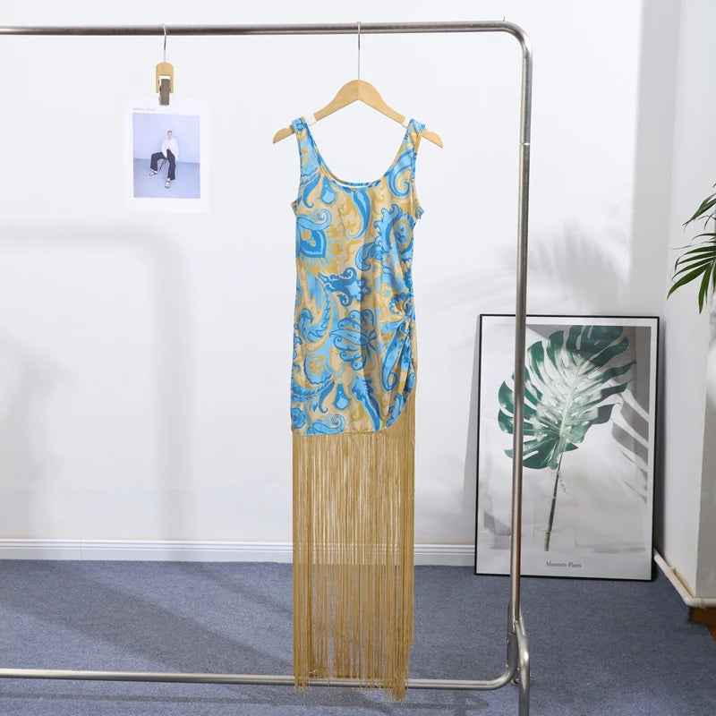 Fashion Tassels Print Long Dress For Women O-neck Sleeveless Patchwork Irregular Slip Vestidos 2025 Summer Female Beach Dresses
