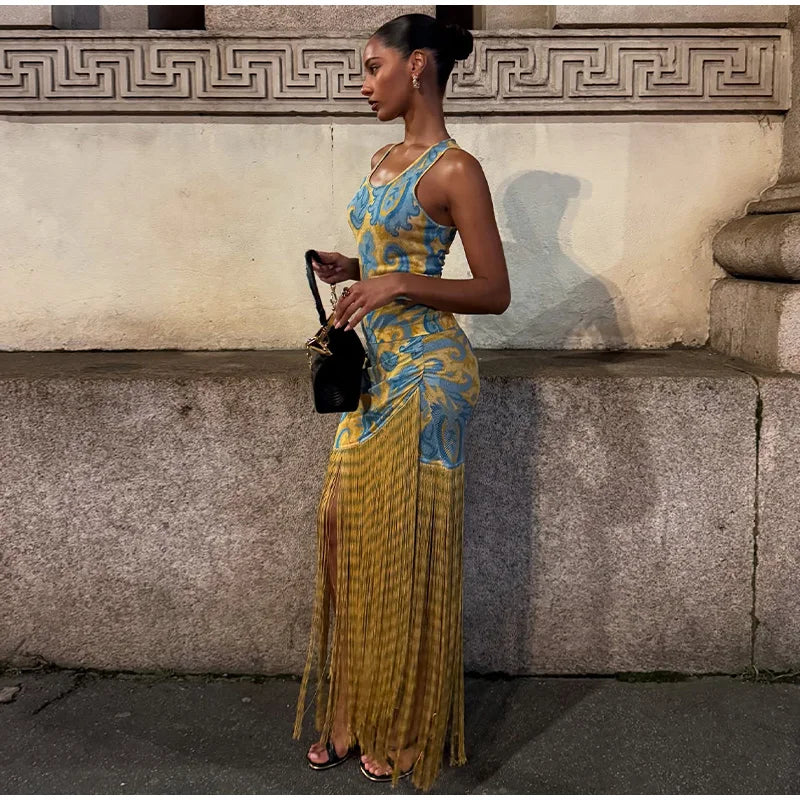 Fashion Tassels Print Long Dress For Women O-neck Sleeveless Patchwork Irregular Slip Vestidos 2025 Summer Female Beach Dresses