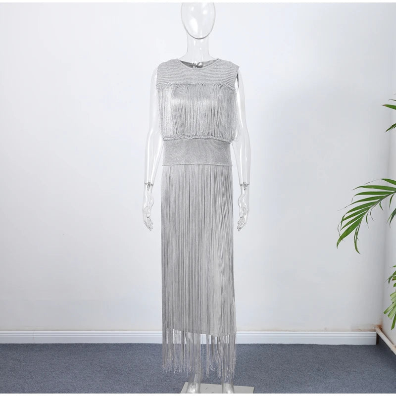 Sexy Sequin Tassel Evening Dresses Women Vintage Solid Sleeveless O-neck Slim High Waist Long Dress Lady 2025 Chic Party Vestido