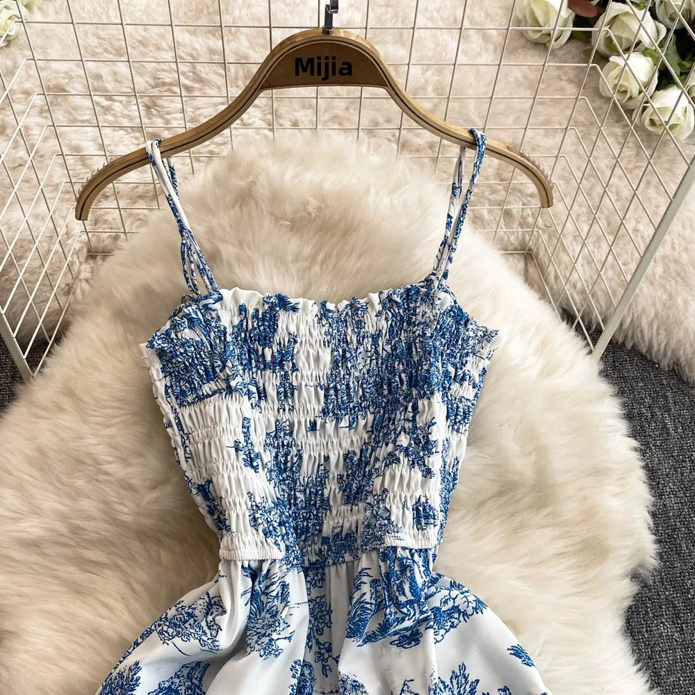 Retro Floral Print Off-oulder Chiffon Dr Women's Elastic Waist Slimming Beach Vaion Beachside Mid-Length Gown