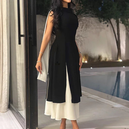 Chic Women Slim Ribbon Evening Dress Spring Summer New Color Blocked Banquet Dress Elegant High Waist O Neck Vintage Long Dress