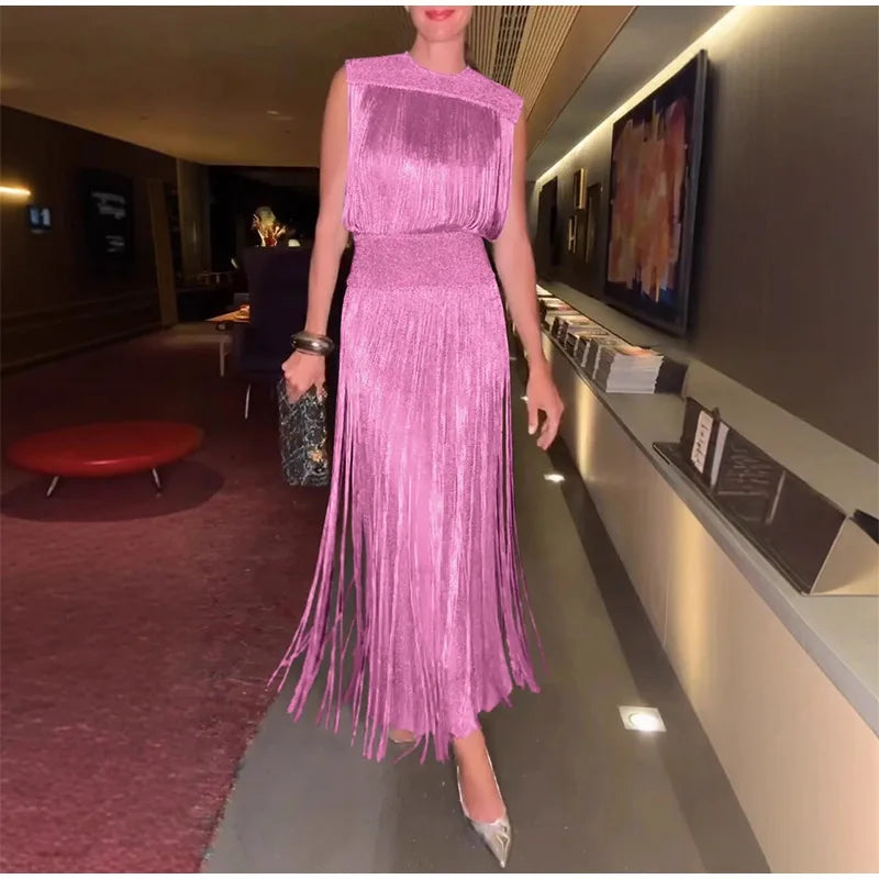 Sexy Sequin Tassel Evening Dresses Women Vintage Solid Sleeveless O-neck Slim High Waist Long Dress Lady 2025 Chic Party Vestido