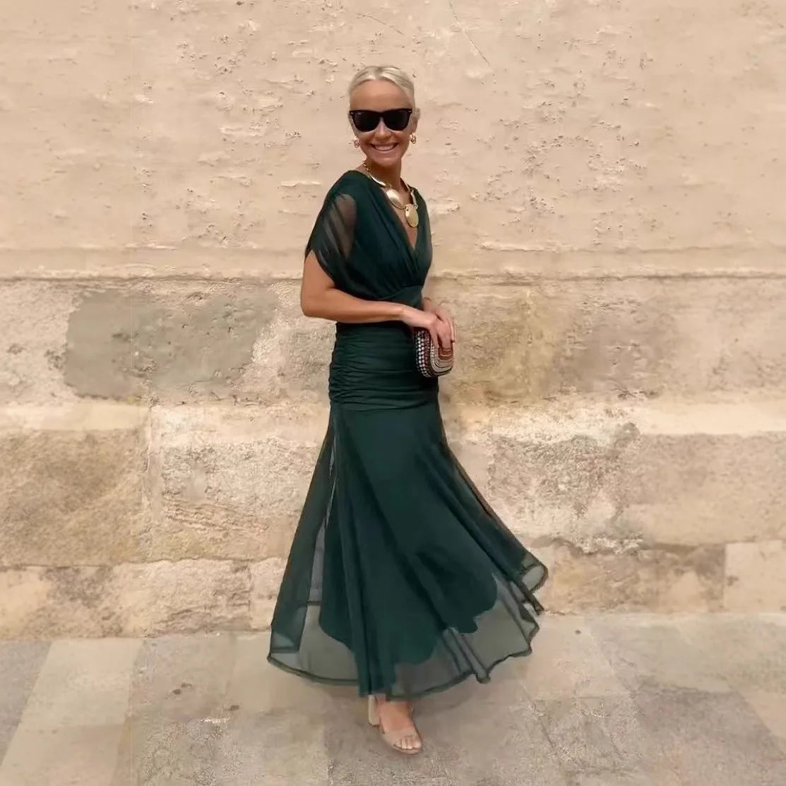 New Floral Print Mesh Women's Long Dresses Fashion V-neck Off Shoulder Pleated Party Dress Elegant Short Sleeved Bohemian Dress