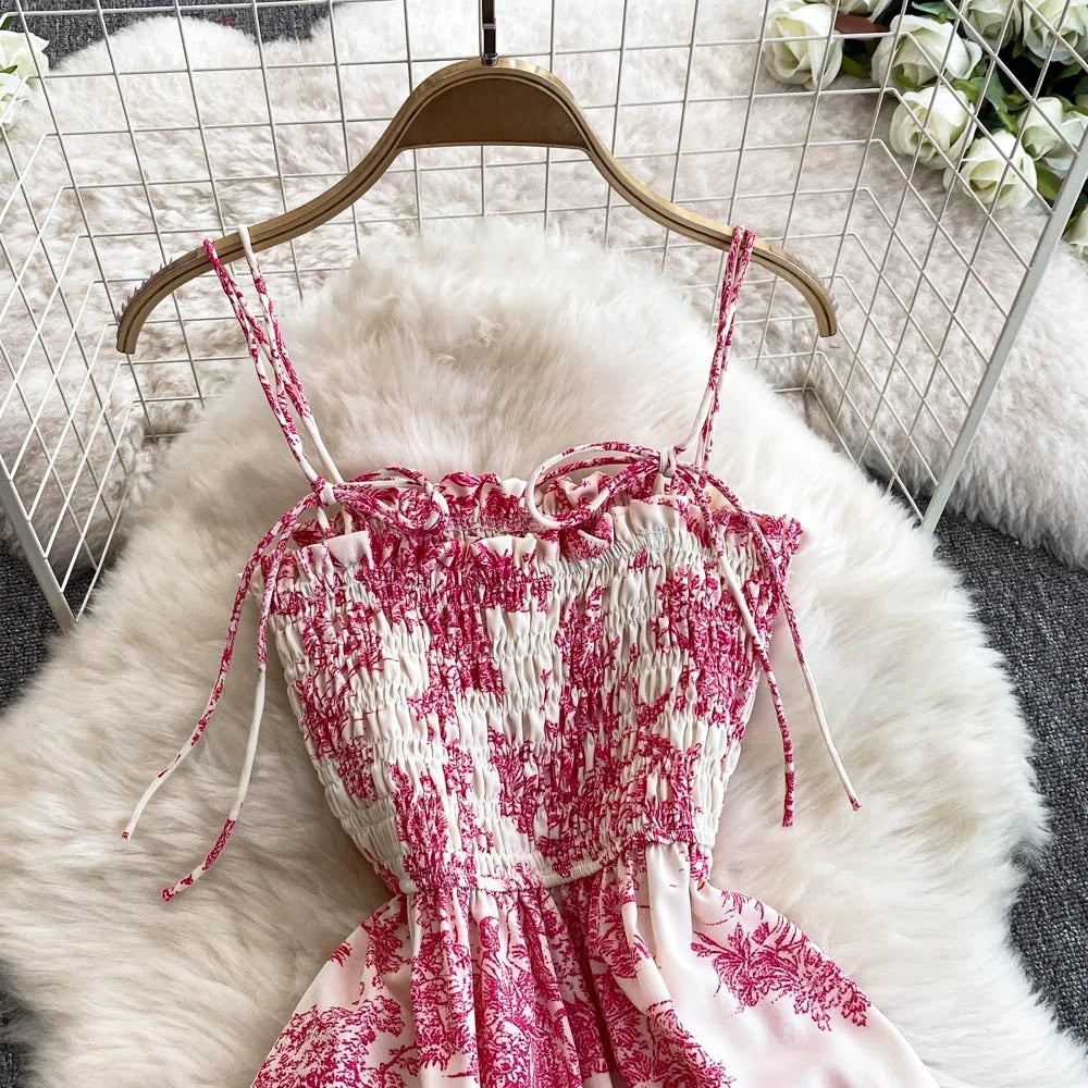 Retro Floral Print Off-oulder Chiffon Dr Women's Elastic Waist Slimming Beach Vaion Beachside Mid-Length Gown