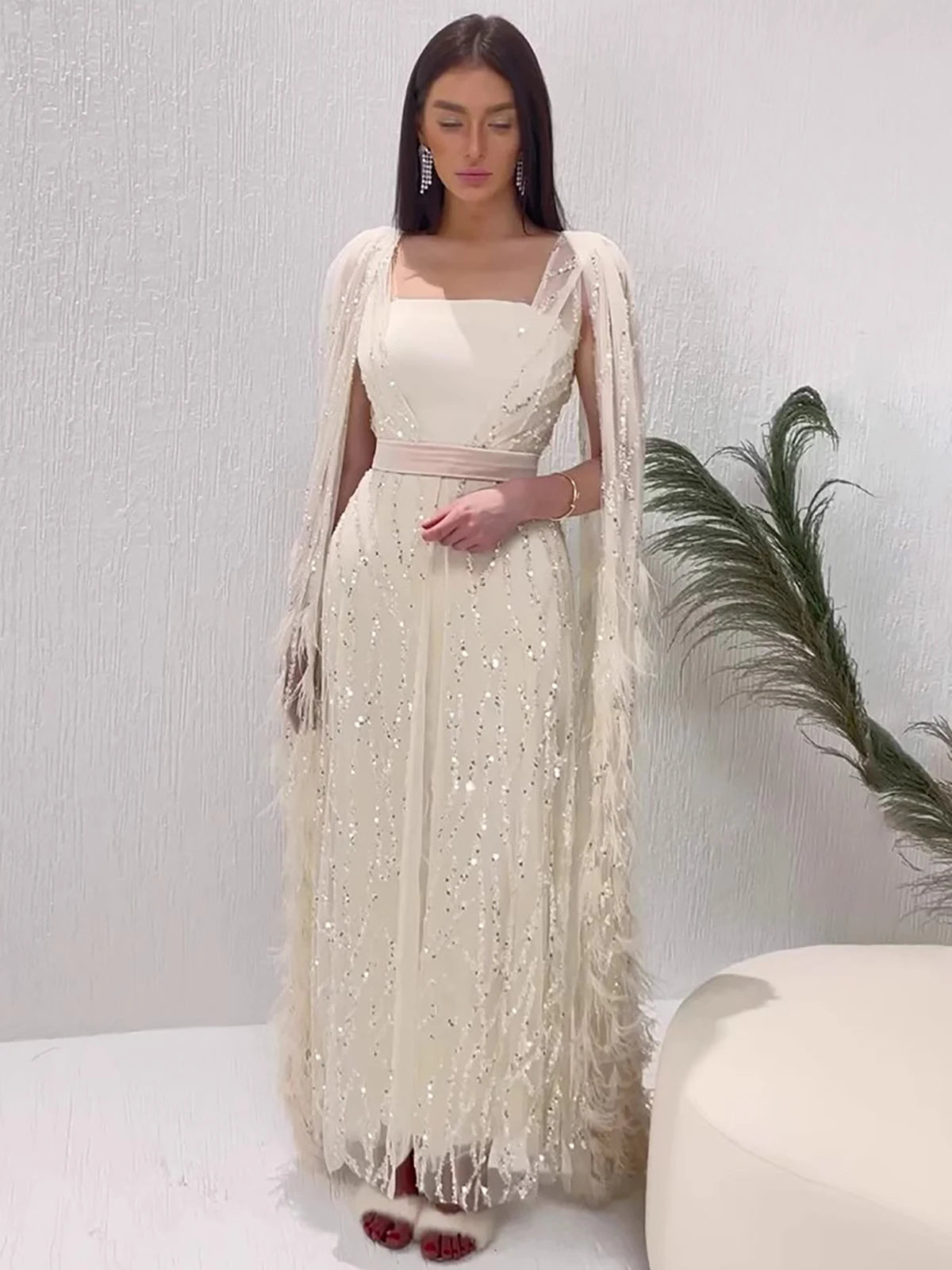 Women's Tassel Elegant Evening Dress Square Neck Sheer Long Sleeve  Party Club Maxi Dress Fake 2 Piece Shawl Prom Female Dresses