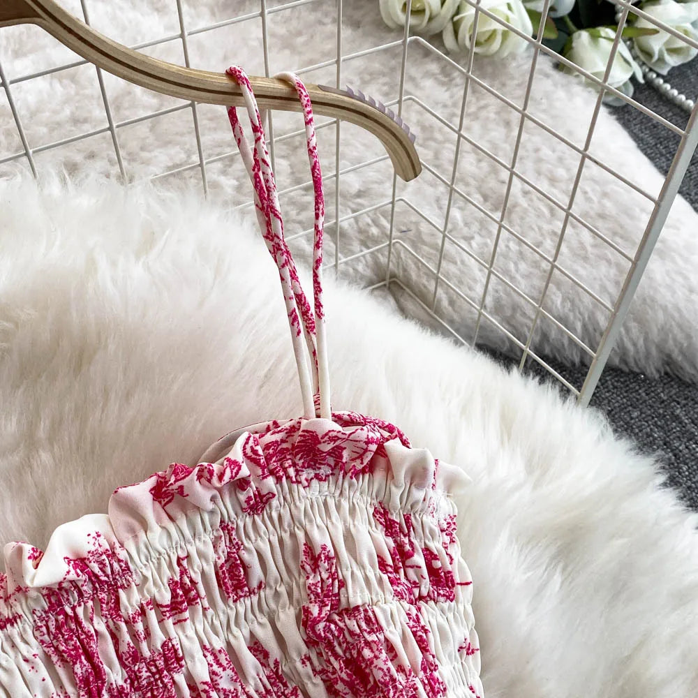 Retro Floral Print Off-oulder Chiffon Dr Women's Elastic Waist Slimming Beach Vaion Beachside Mid-Length Gown