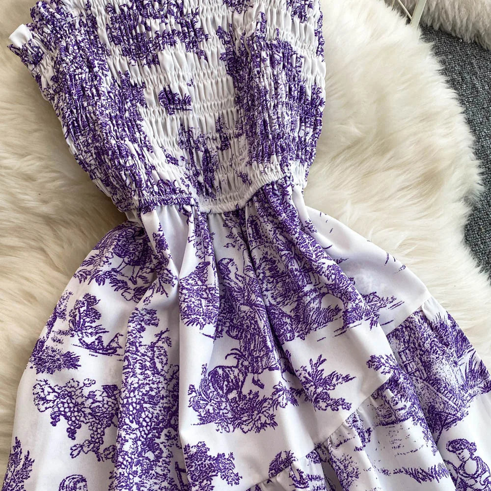 Retro Floral Print Off-oulder Chiffon Dr Women's Elastic Waist Slimming Beach Vaion Beachside Mid-Length Gown