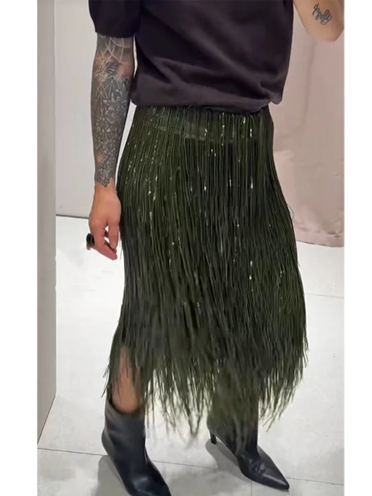 Green Tassel Sequin Long Skirt Women Fashion High Waist A-line Loose Shiny Skirts 2026 Spring Lady Chic Party Club Clothes Gown