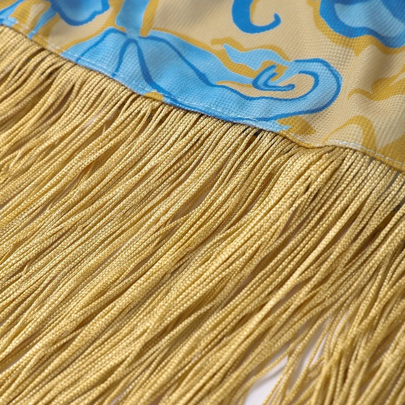 Fashion Tassels Print Long Dress For Women O-neck Sleeveless Patchwork Irregular Slip Vestidos 2025 Summer Female Beach Dresses