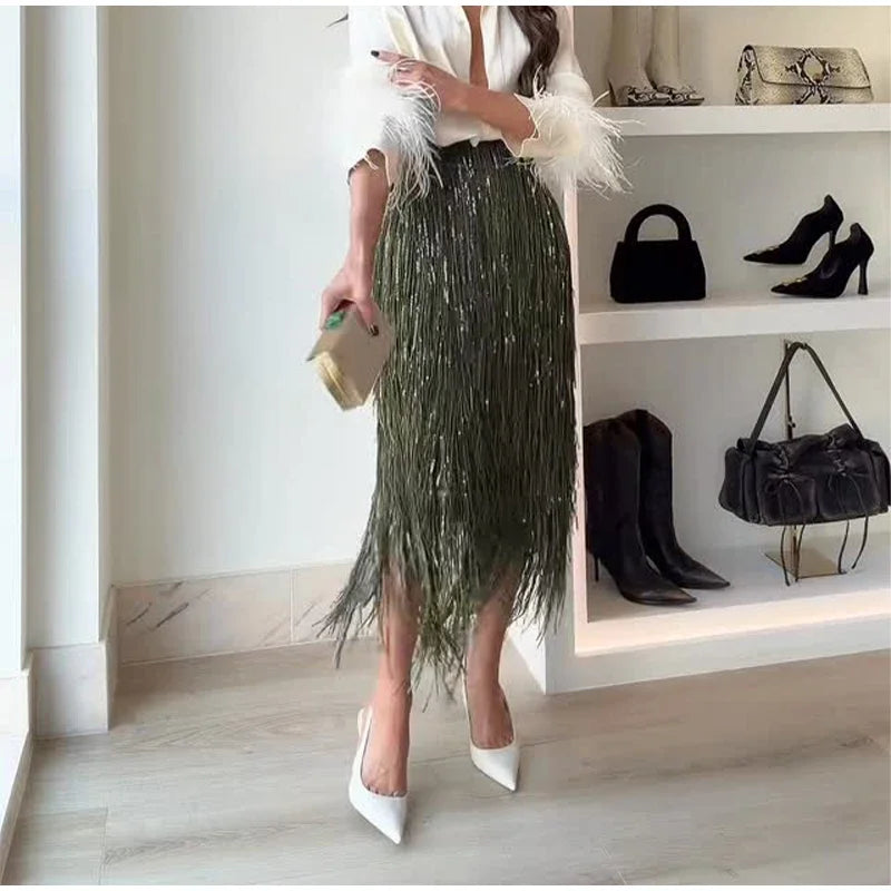 Green Tassel Sequin Long Skirt Women Fashion High Waist A-line Loose Shiny Skirts 2026 Spring Lady Chic Party Club Clothes Gown