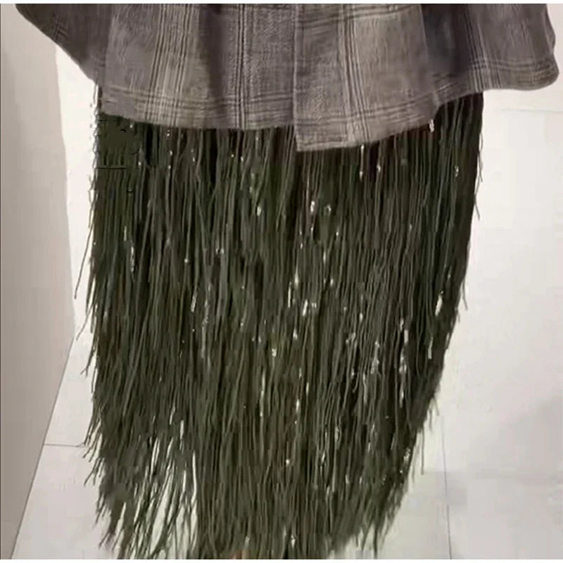 Green Tassel Sequin Long Skirt Women Fashion High Waist A-line Loose Shiny Skirts 2026 Spring Lady Chic Party Club Clothes Gown
