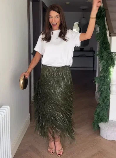 Green Tassel Sequin Long Skirt Women Fashion High Waist A-line Loose Shiny Skirts 2026 Spring Lady Chic Party Club Clothes Gown