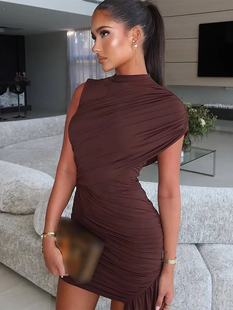 Elegant Slim Fit Pleat Irregular Long Dress Fashion Women Long Sleeve Turtleneck Patchwork Robes 2025 Chic Party Banquet Wear