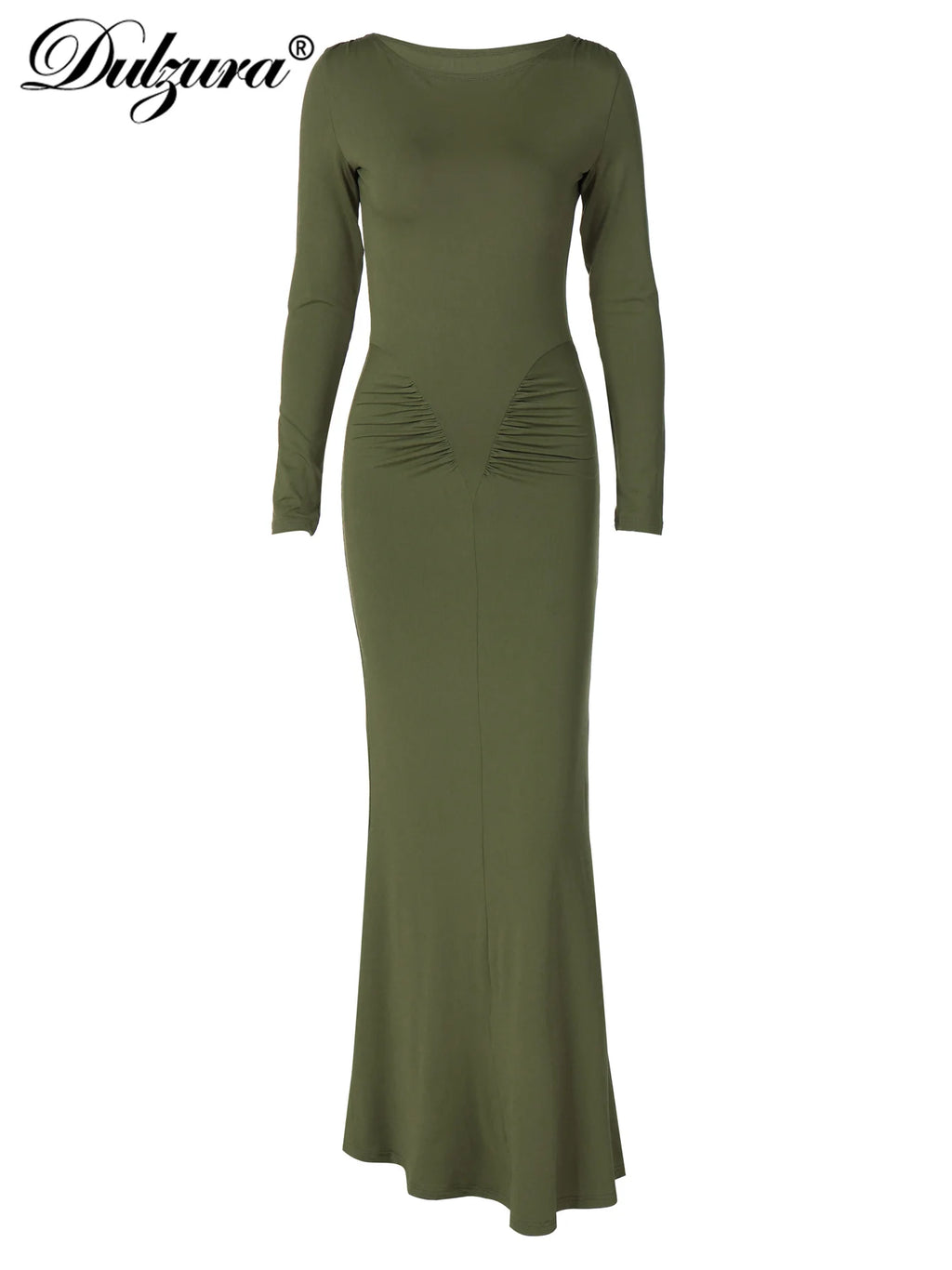 Dulzura Elegant Solid Long Sleeve Maxi Dress Bodycon Ruched Simple Women Clothes Cocktail Evening Party Dresses Y2K Wholesale