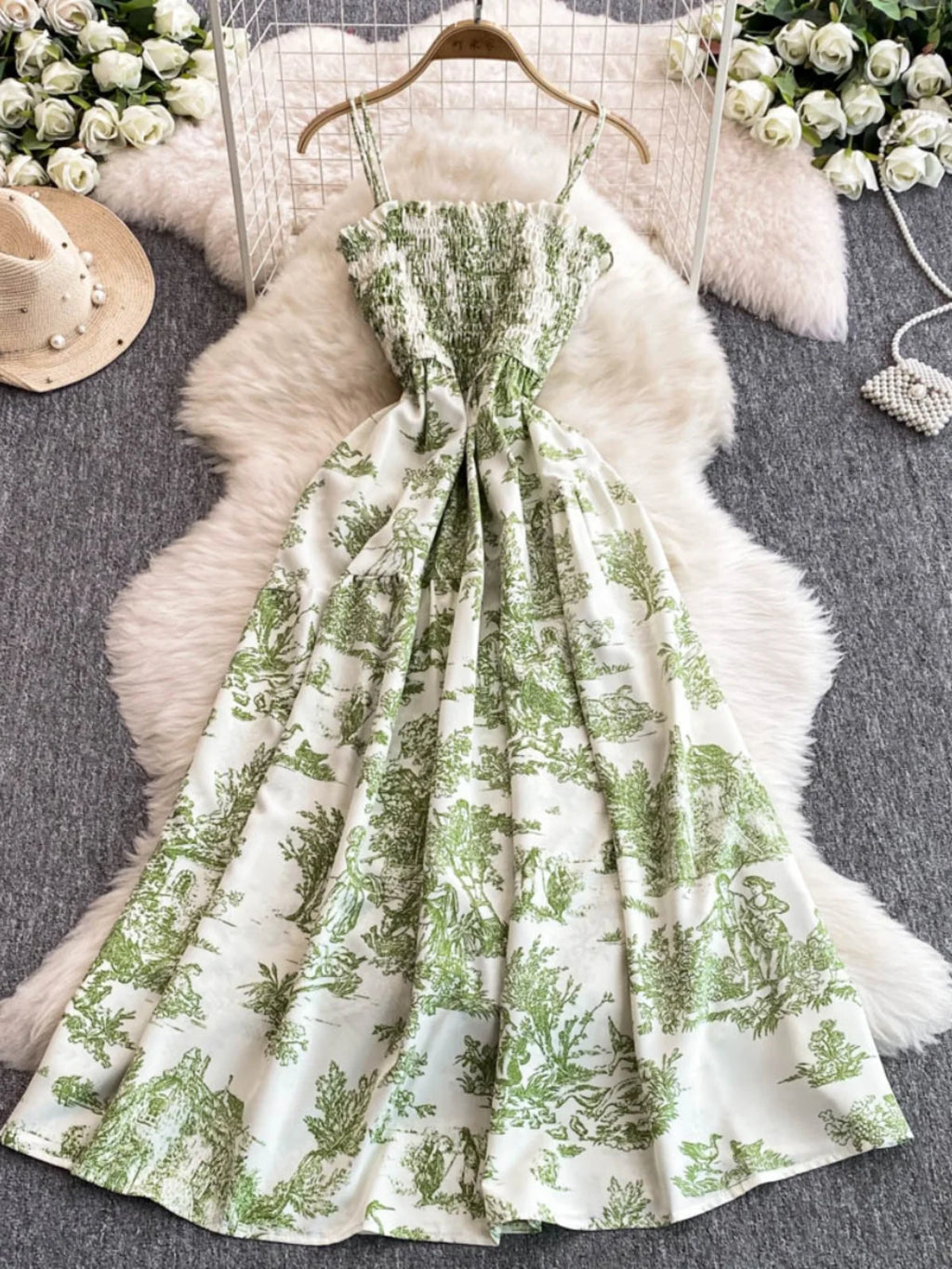 Retro Floral Print Off-oulder Chiffon Dr Women's Elastic Waist Slimming Beach Vaion Beachside Mid-Length Gown