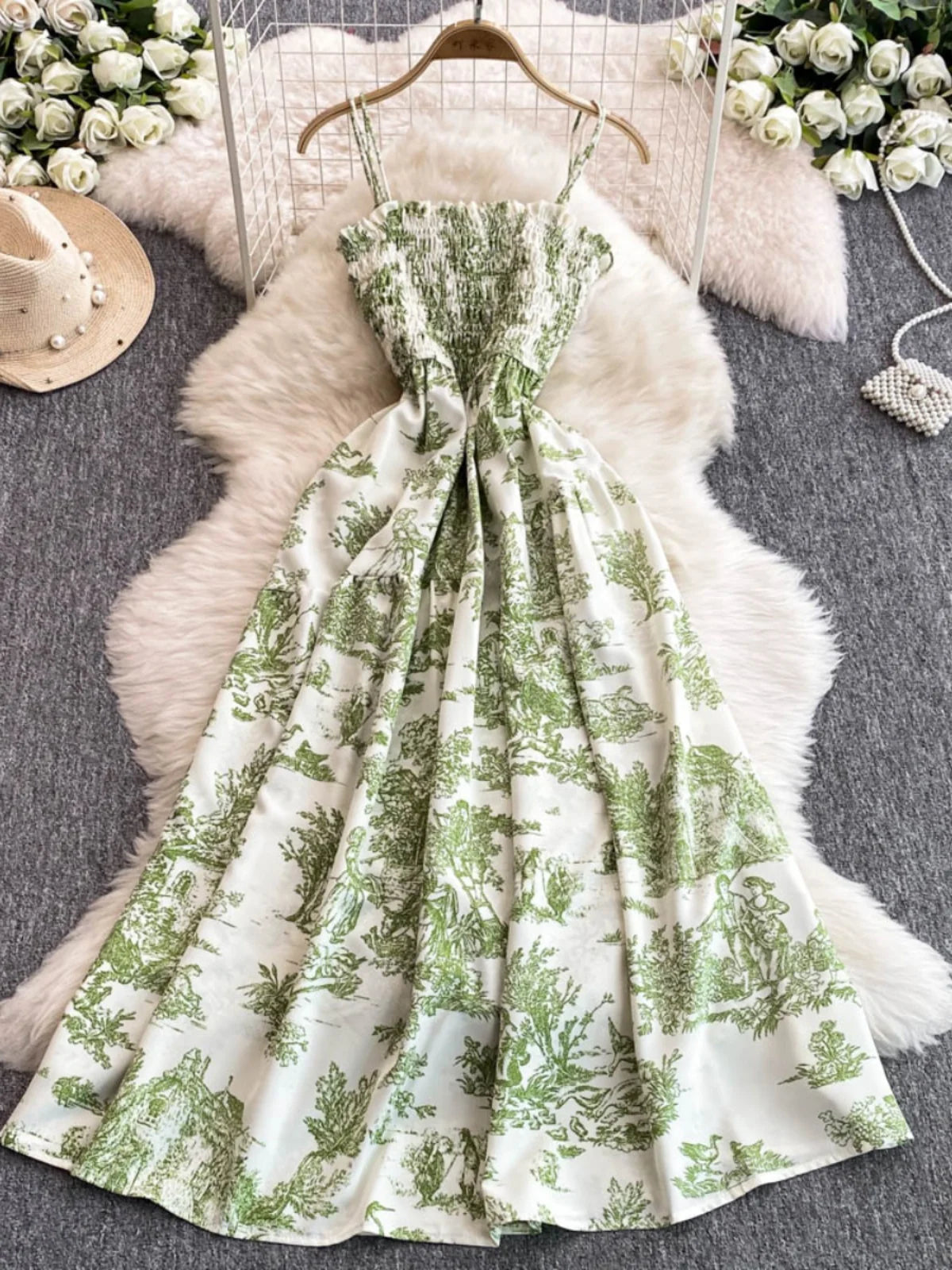 Retro Floral Print Off-oulder Chiffon Dr Women's Elastic Waist Slimming Beach Vaion Beachside Mid-Length Gown