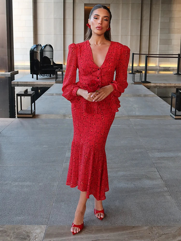 Elegant Print Skirt Suit Women V-neck Full Sleeve Slim Top Long Hip Package Skirts Set Spring Fashion Lady Vacation Outfit