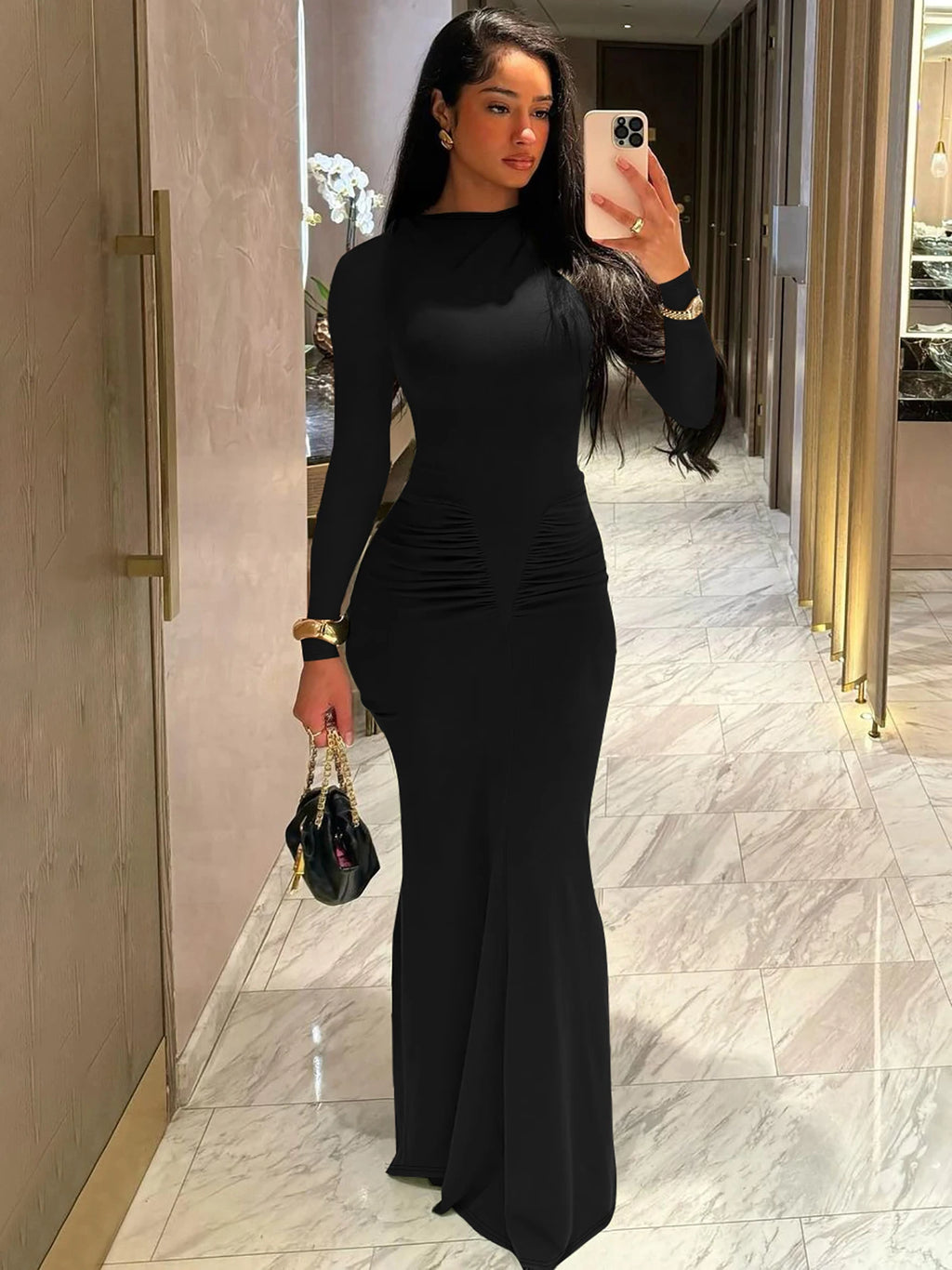Dulzura Elegant Solid Long Sleeve Maxi Dress Bodycon Ruched Simple Women Clothes Cocktail Evening Party Dresses Y2K Wholesale