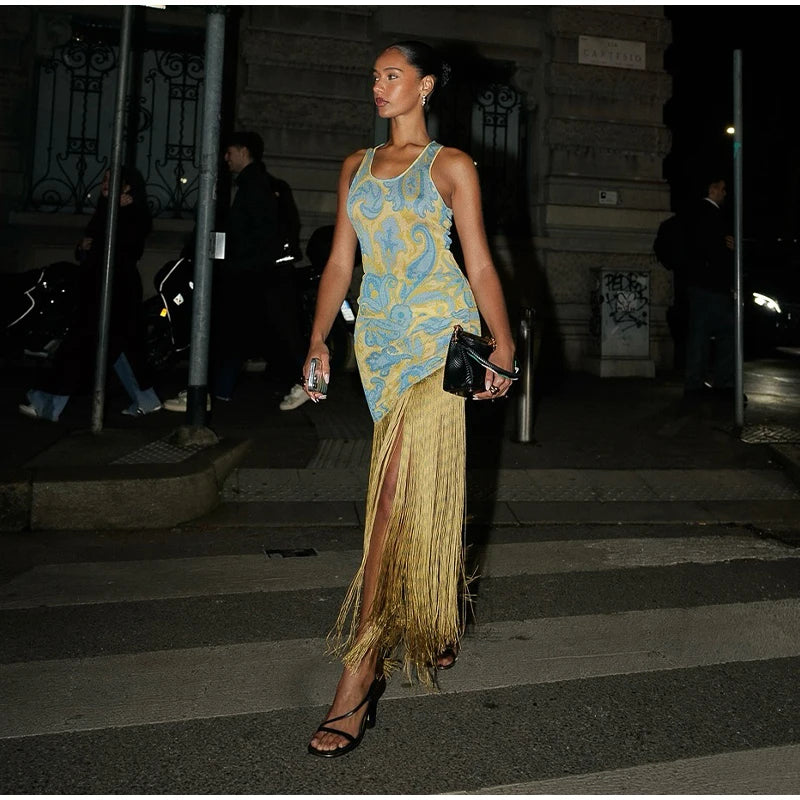 Fashion Tassels Print Long Dress For Women O-neck Sleeveless Patchwork Irregular Slip Vestidos 2025 Summer Female Beach Dresses