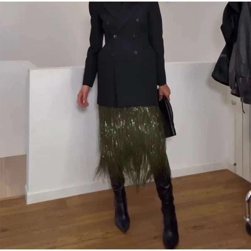 Green Tassel Sequin Long Skirt Women Fashion High Waist A-line Loose Shiny Skirts 2026 Spring Lady Chic Party Club Clothes Gown