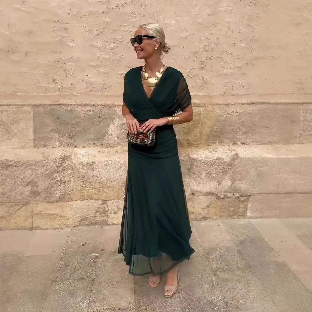 New Floral Print Mesh Women's Long Dresses Fashion V-neck Off Shoulder Pleated Party Dress Elegant Short Sleeved Bohemian Dress