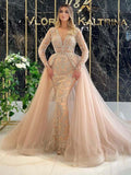 Women's Luxurious Gold Sequin Appliques Evening Dress Sexy Deep V-Neck Long Sleeve Elegant Prom Gown Mesh Formal Wedding Dresses