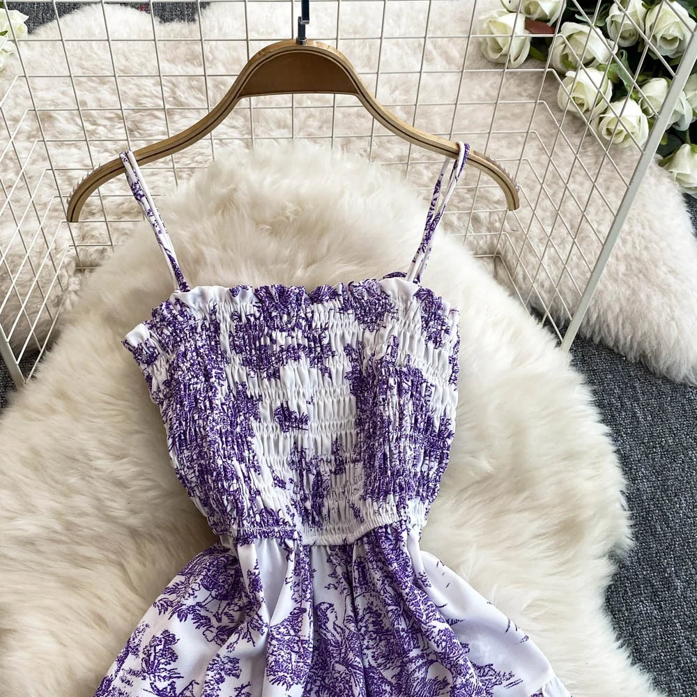 Retro Floral Print Off-oulder Chiffon Dr Women's Elastic Waist Slimming Beach Vaion Beachside Mid-Length Gown