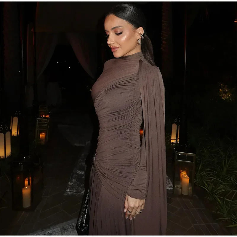 Elegant Slim Fit Pleat Irregular Long Dress Fashion Women Long Sleeve Turtleneck Patchwork Robes 2025 Chic Party Banquet Wear