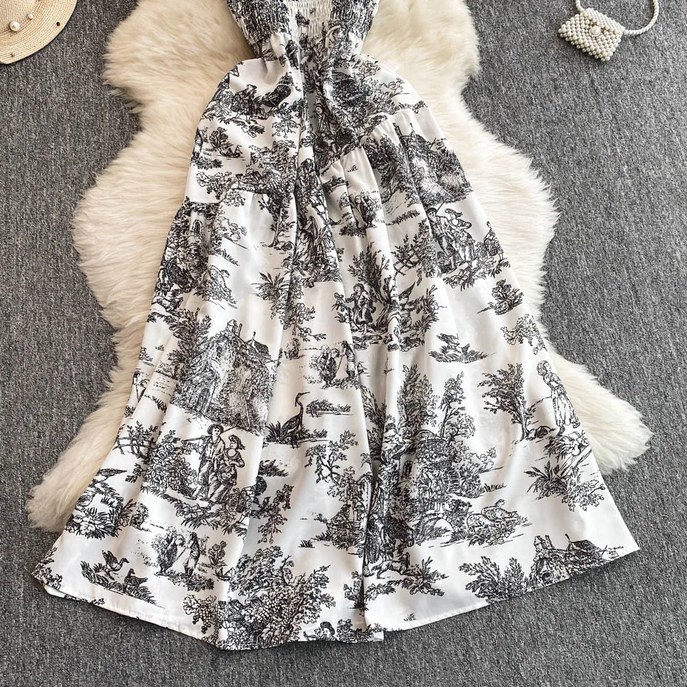 Retro Floral Print Off-oulder Chiffon Dr Women's Elastic Waist Slimming Beach Vaion Beachside Mid-Length Gown