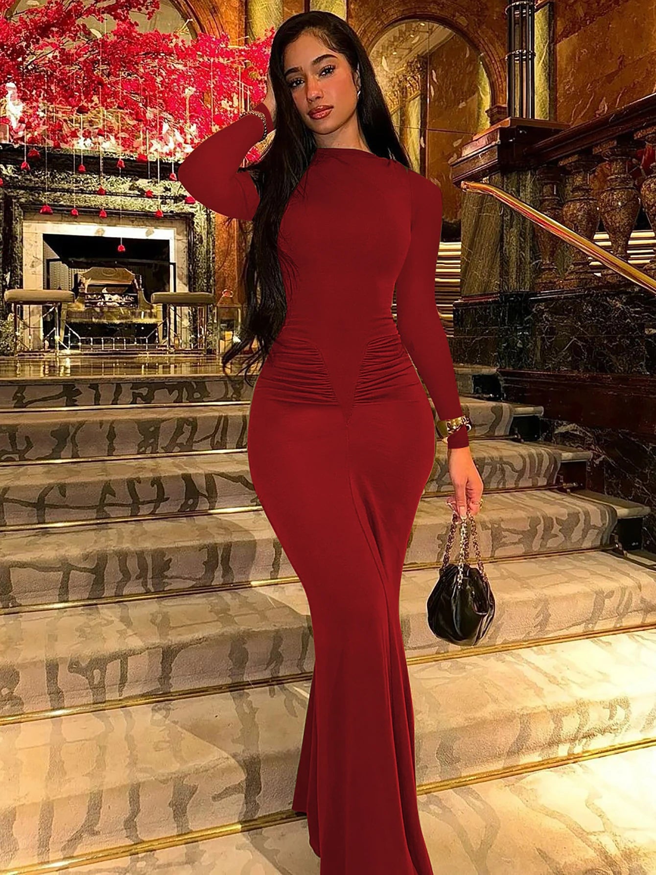 Dulzura Elegant Solid Long Sleeve Maxi Dress Bodycon Ruched Simple Women Clothes Cocktail Evening Party Dresses Y2K Wholesale