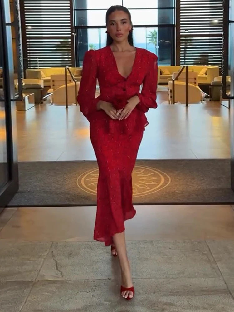 Elegant Print Skirt Suit Women V-neck Full Sleeve Slim Top Long Hip Package Skirts Set Spring Fashion Lady Vacation Outfit