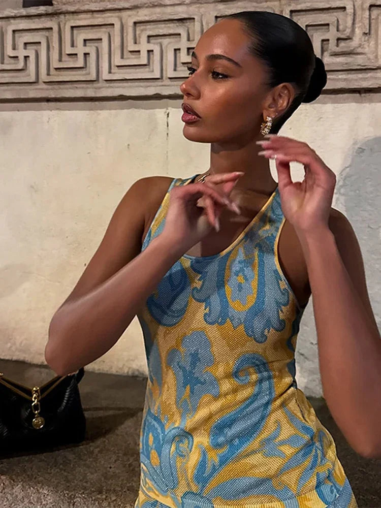 Fashion Tassels Print Long Dress For Women O-neck Sleeveless Patchwork Irregular Slip Vestidos 2025 Summer Female Beach Dresses