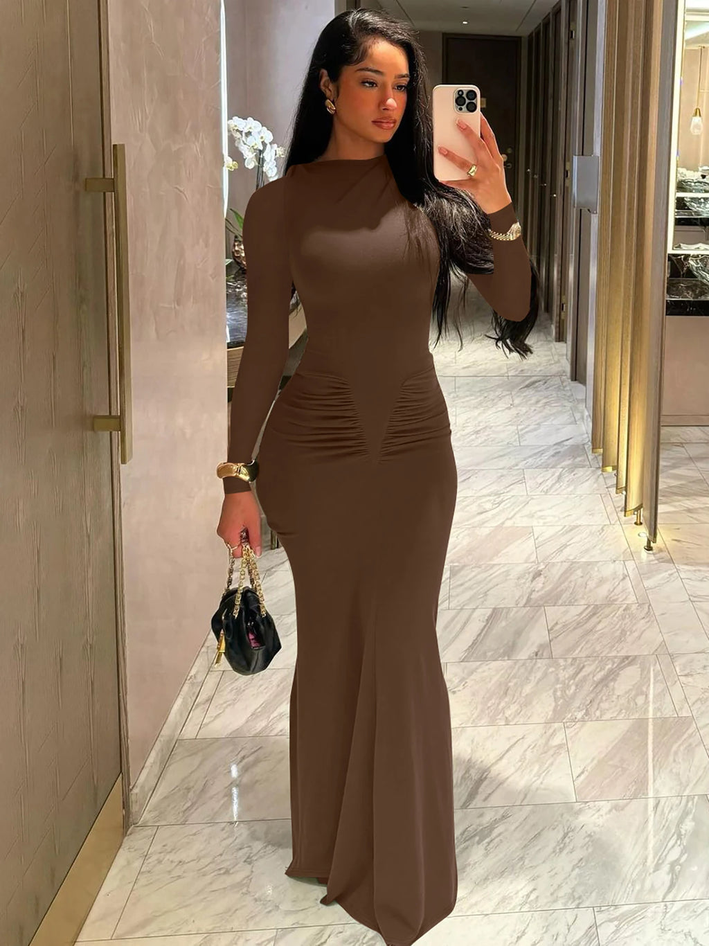 Dulzura Elegant Solid Long Sleeve Maxi Dress Bodycon Ruched Simple Women Clothes Cocktail Evening Party Dresses Y2K Wholesale