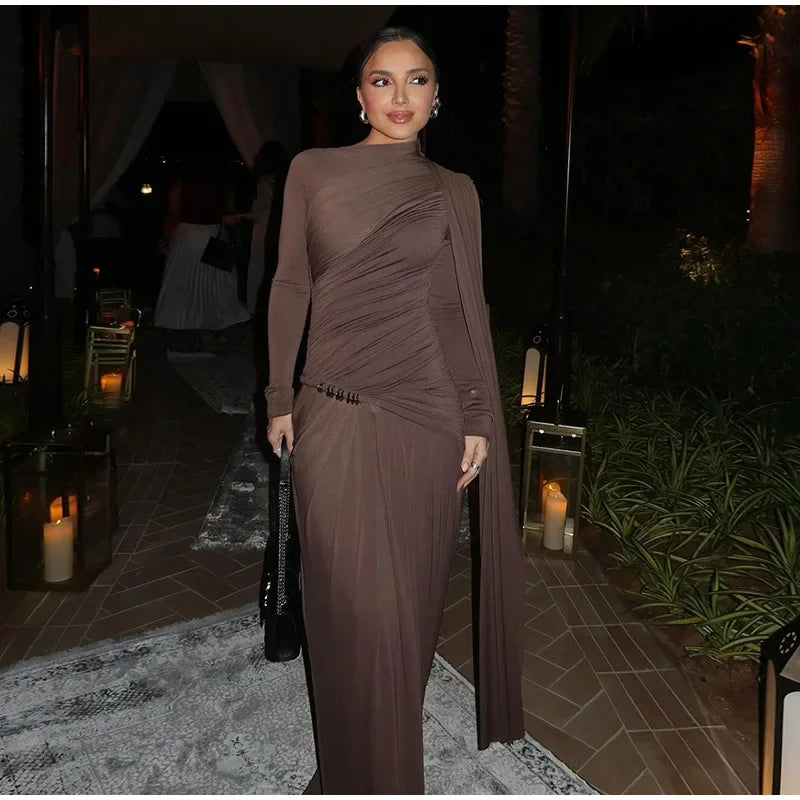 Elegant Slim Fit Pleat Irregular Long Dress Fashion Women Long Sleeve Turtleneck Patchwork Robes 2025 Chic Party Banquet Wear