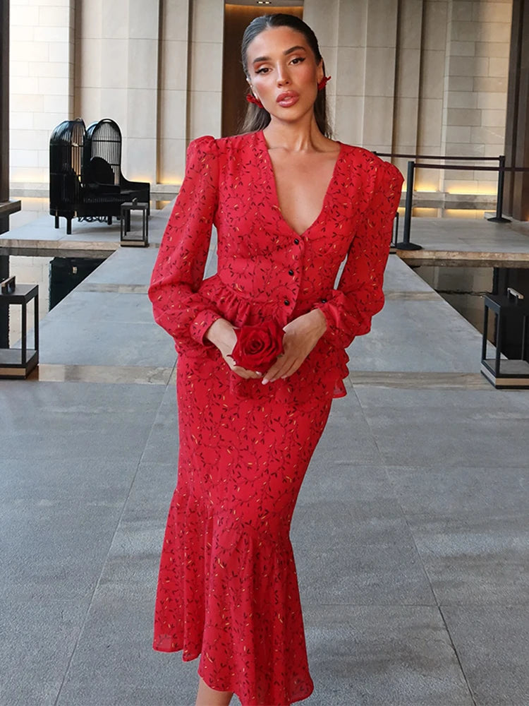 Elegant Print Skirt Suit Women V-neck Full Sleeve Slim Top Long Hip Package Skirts Set Spring Fashion Lady Vacation Outfit