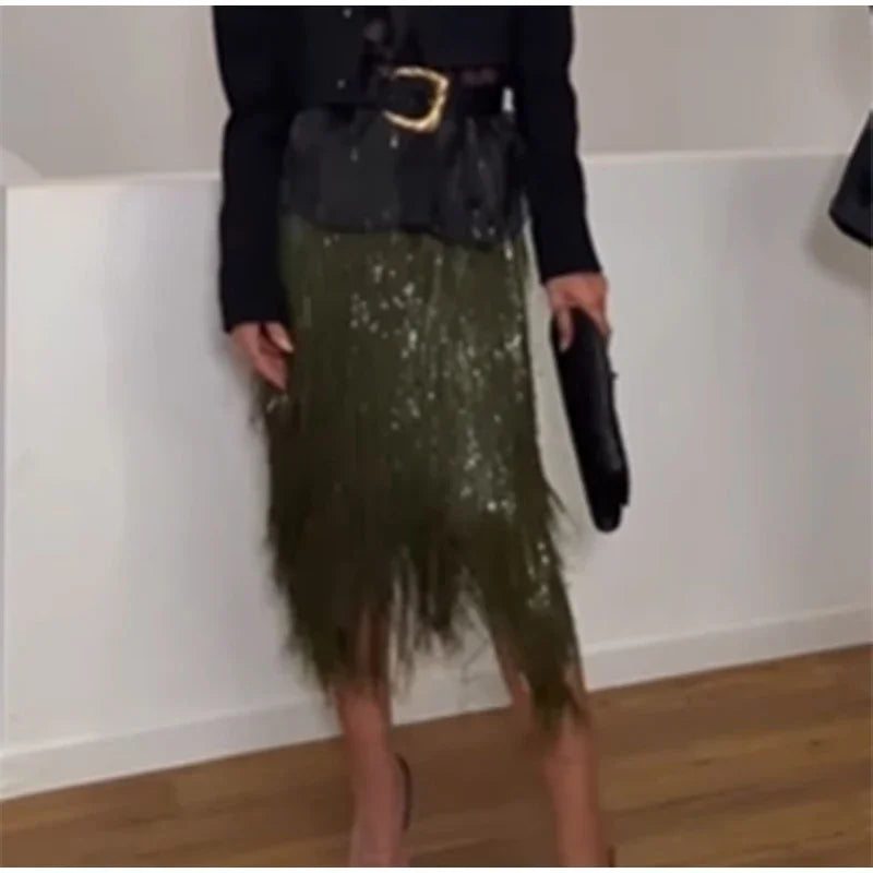 Green Tassel Sequin Long Skirt Women Fashion High Waist A-line Loose Shiny Skirts 2026 Spring Lady Chic Party Club Clothes Gown