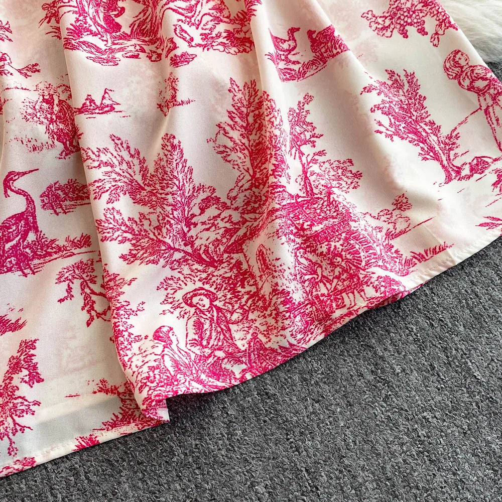 Retro Floral Print Off-oulder Chiffon Dr Women's Elastic Waist Slimming Beach Vaion Beachside Mid-Length Gown